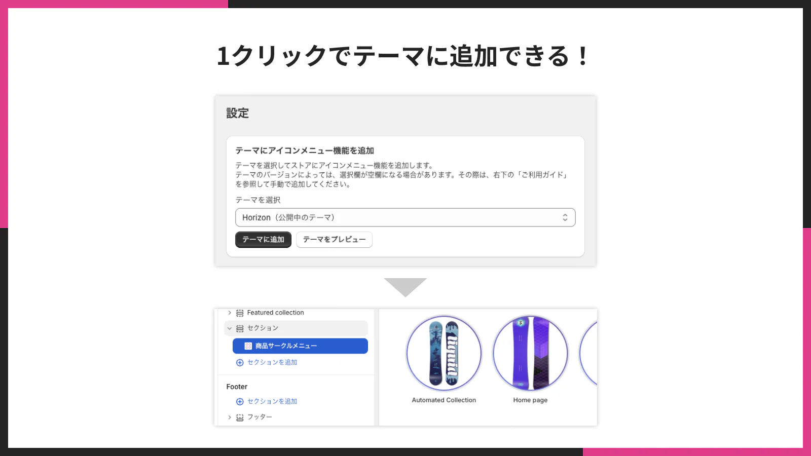 テーマエディタからアプリブロックを1クリックで追加している画面