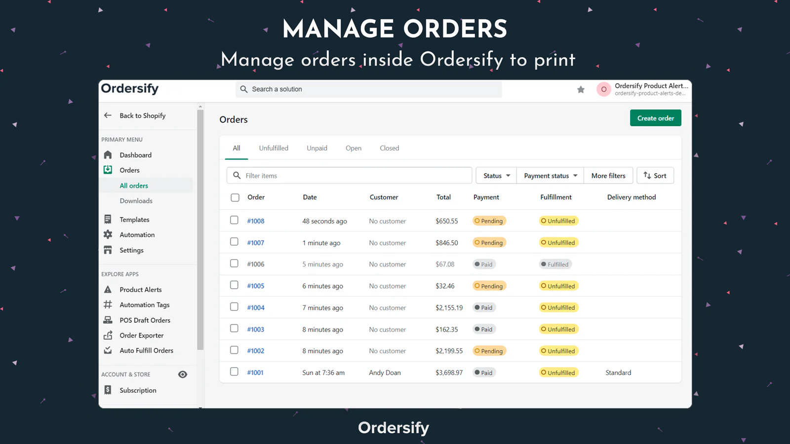 Ordersify: PDF Order Printerのアプリ画面