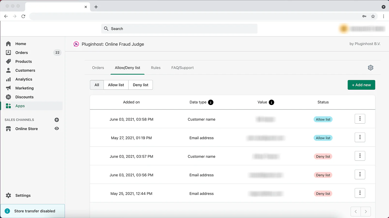 Fraud Judge Fraud Prevention の不正注文チェック設定画面