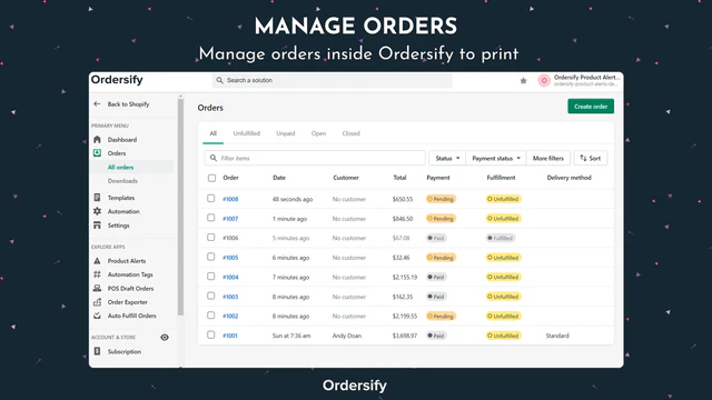 Ordersify: PDF Order Printerのアプリ画面