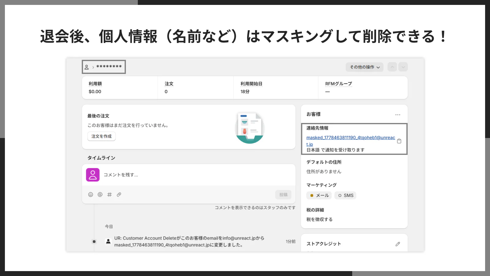 退会後に個人情報がマスキングされた状態の表示