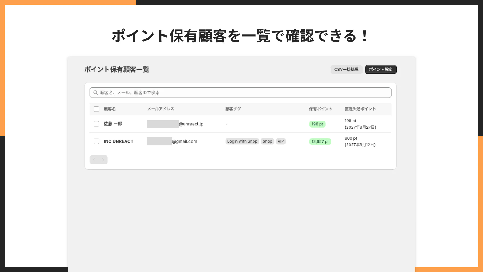 ポイント保有顧客の一覧画面