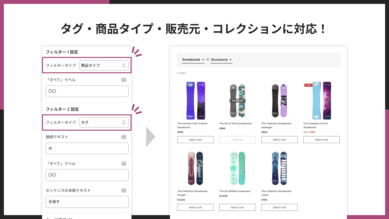 タグ・商品タイプ・販売元・コレクションのフィルタータイプ選択画面