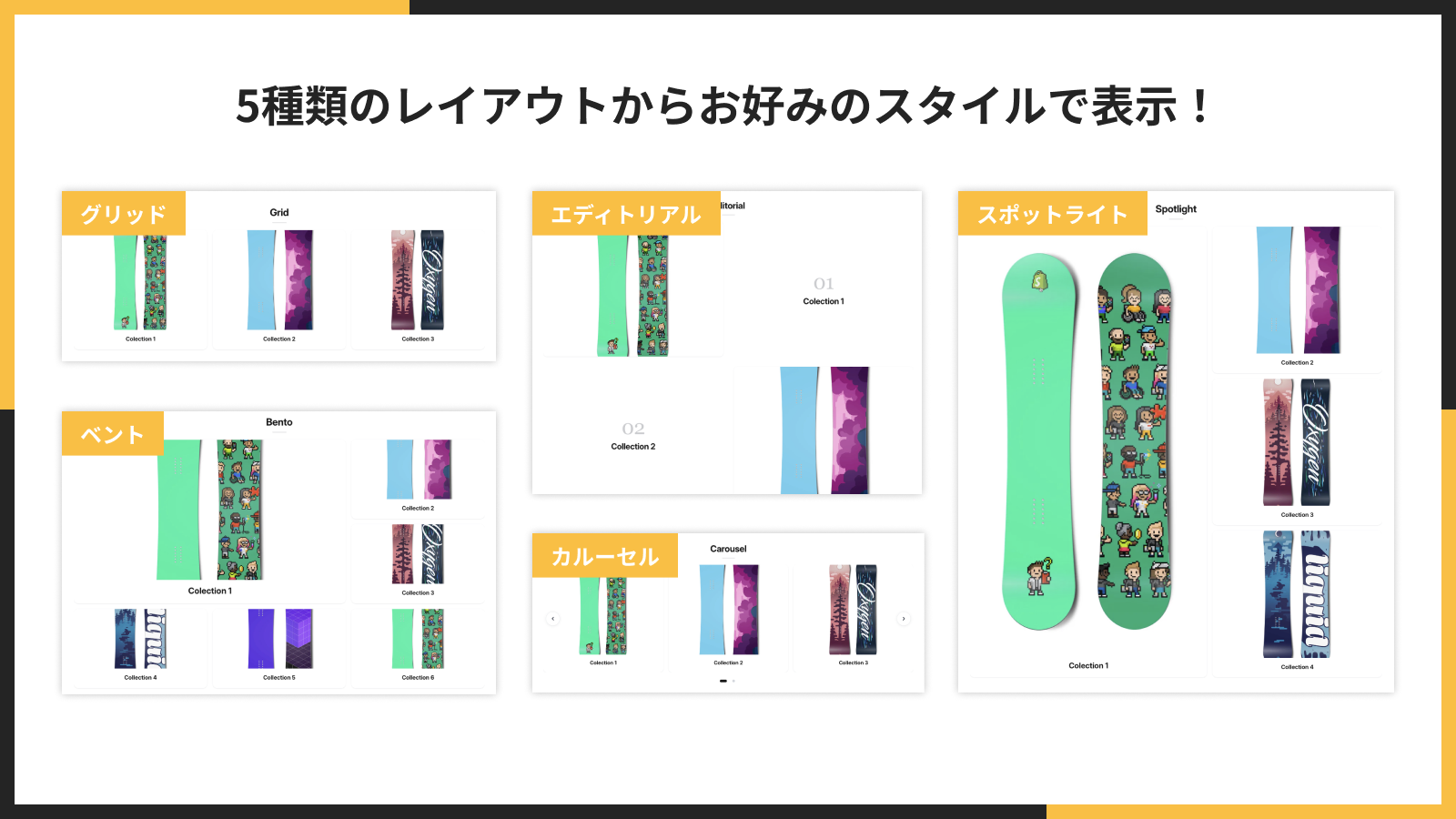 複数のレイアウトスタイルで商品が表示されている画面