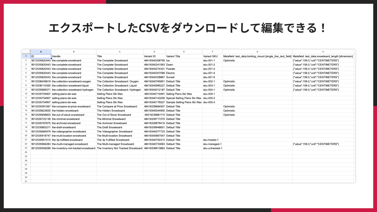 エクスポートしたCSVをダウンロードして編集