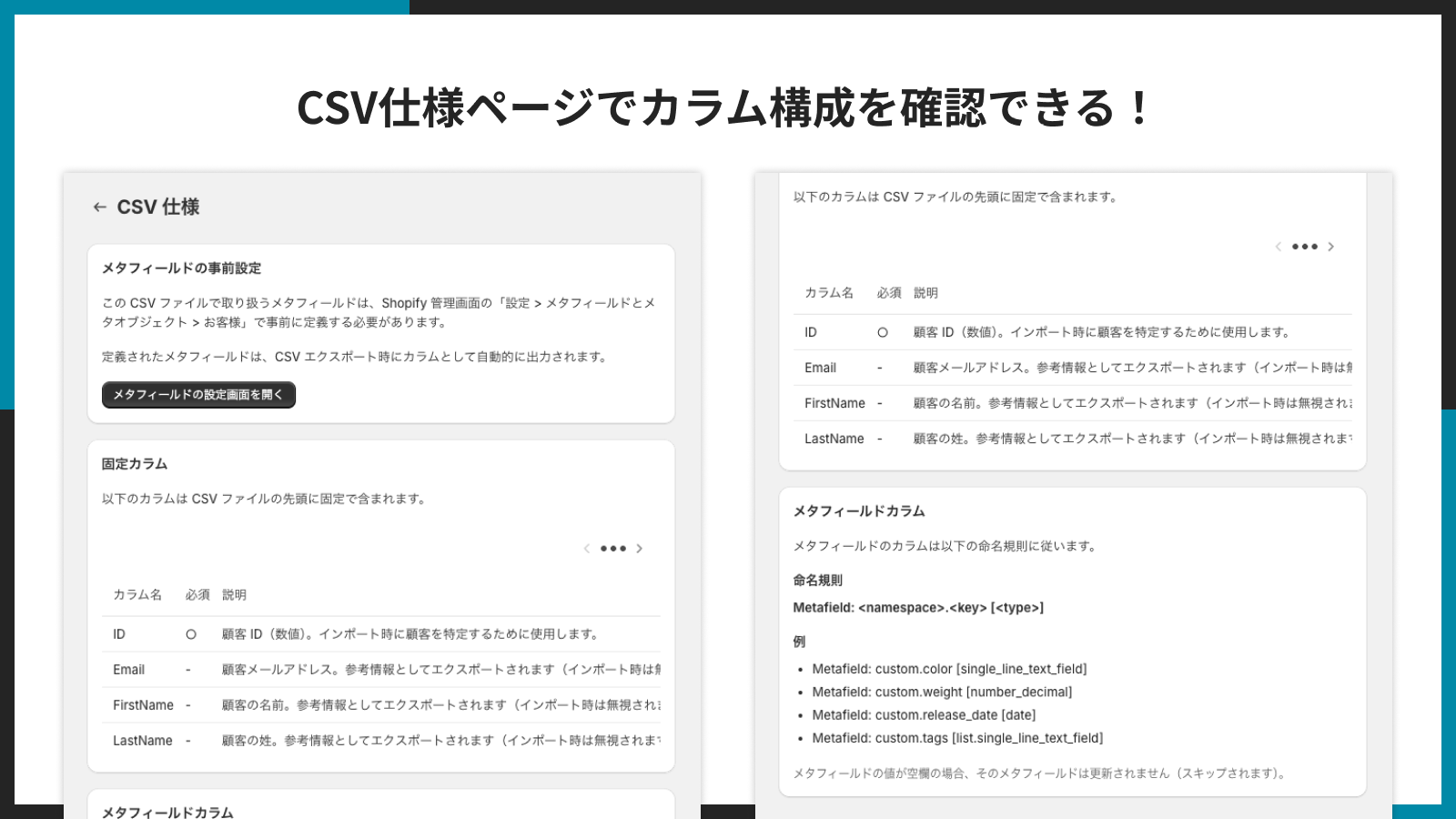 CSV 仕様ページで固定カラムとメタフィールドカラムの構成を確認している画面
