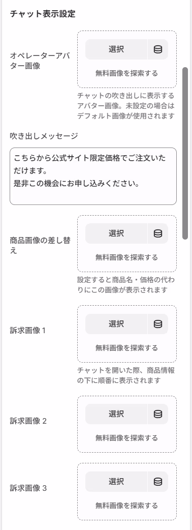 チャット表示設定の設定画面