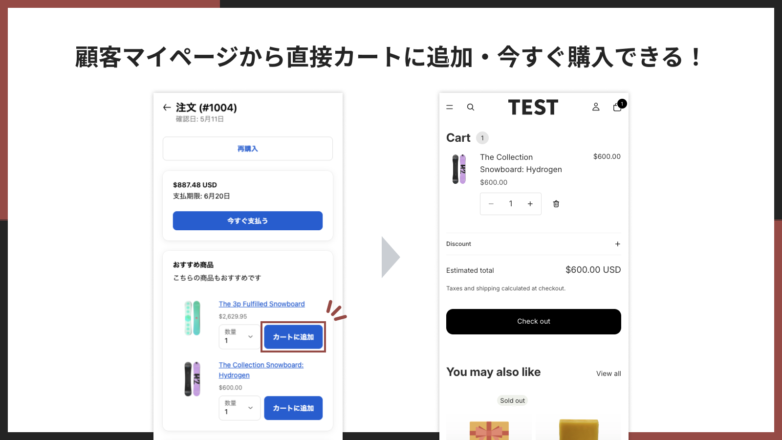 マイページから直接カートに追加・今すぐ購入できる画面