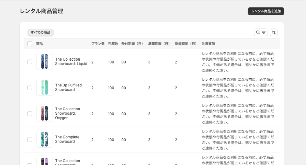 レンタル商品管理画面のスクリーンショット。設定済みのレンタル商品が、プラン数・在庫数・受付期間・準備期間・返却期間・注意事項とともに一覧表示されている