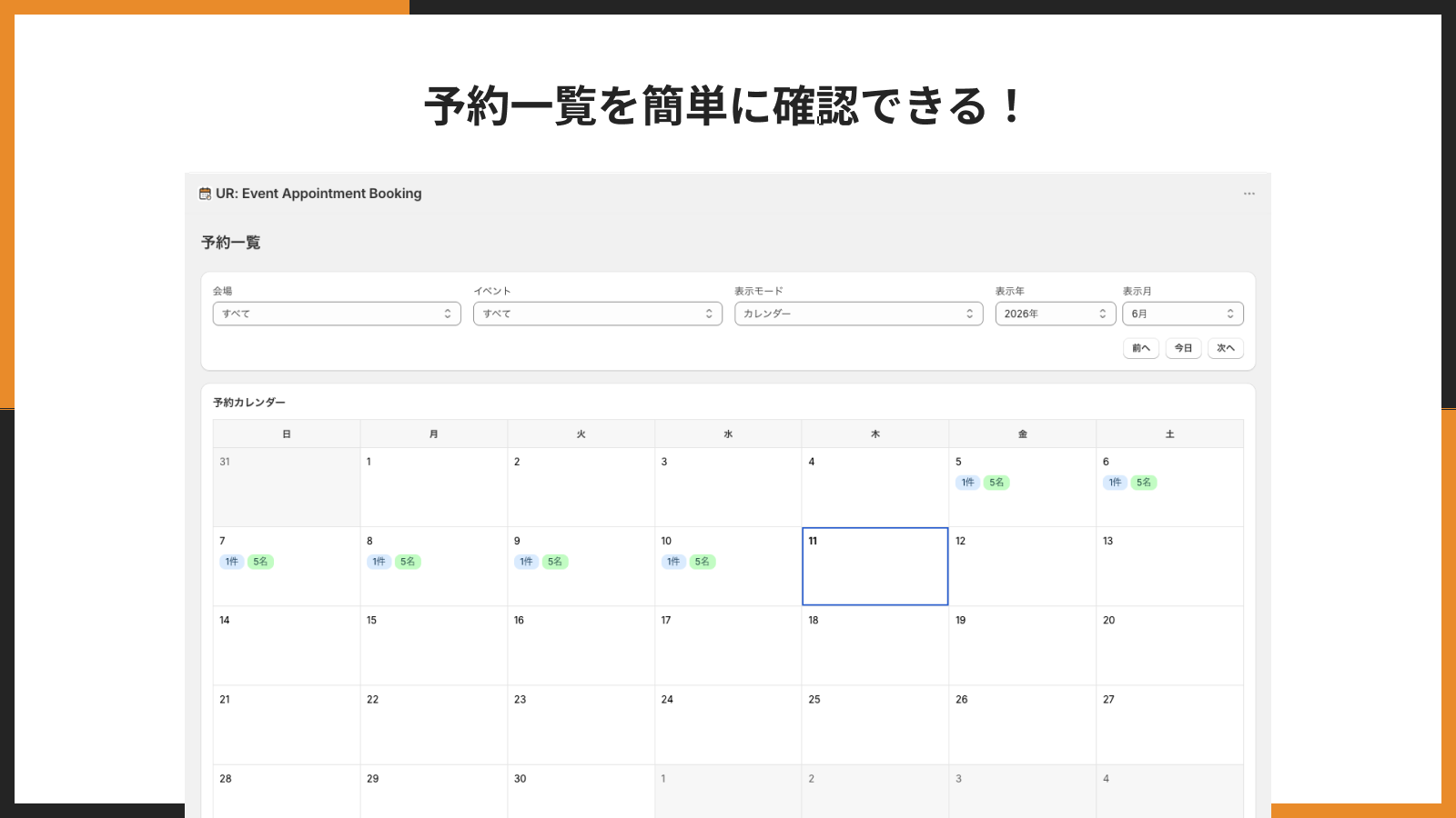 受け付けた予約をカレンダーと日別リストで確認する予約一覧画面