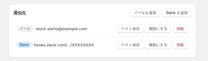 通知先の一覧と追加モーダル