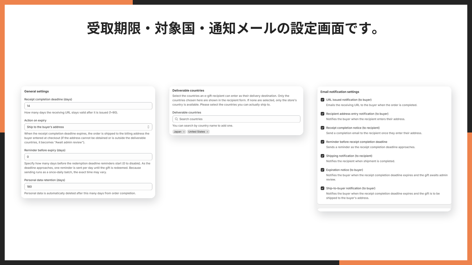「受取期限・対象国・通知メールの設定画面です。」と書かれた紹介画像。基本設定の3つのカードが並んでいる