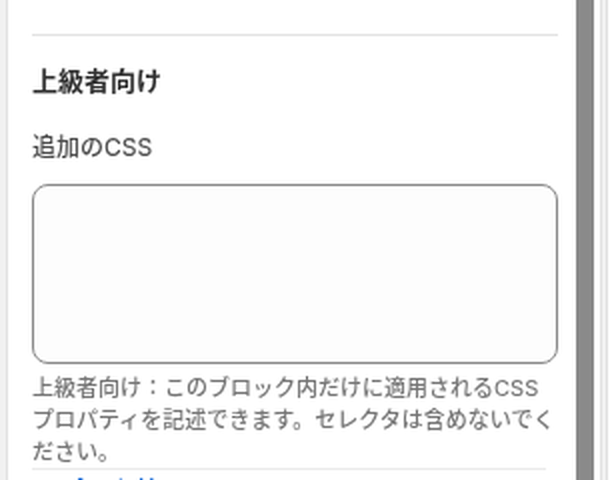 上級者向けの節にある追加のCSS入力欄と、セレクタは含めないでくださいという注意書き