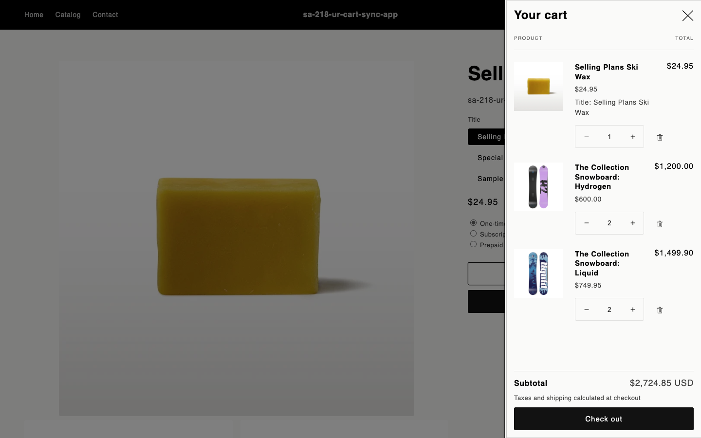 商品ページでカートに追加した直後。カートドロワーに商品が並ぶ