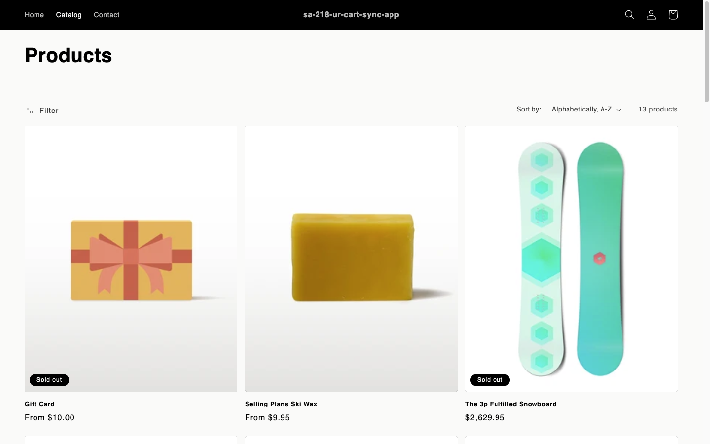 カタログページ。売り切れの商品には Sold out のラベルが付いている