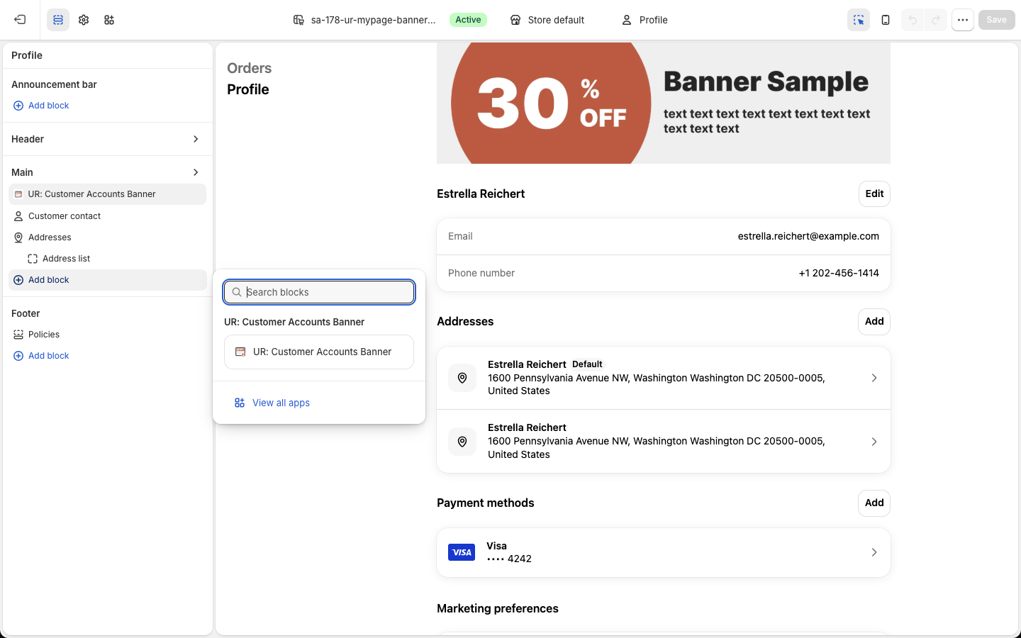 Main の Add block を押して開いたポップオーバー。UR: Customer Accounts Banner が表示されている
