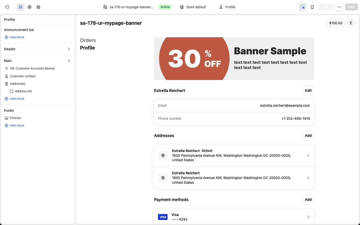 お客様アカウントのエディタ。左に Announcement bar・Header・Main・Footer のセクションと Add block、右にプロフィールページのプレビュー