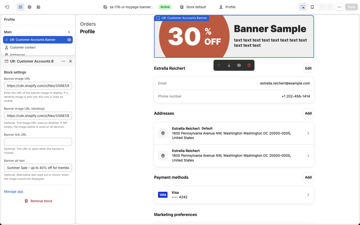 ブロック設定パネル。Banner image URL・Banner image URL (desktop)・Banner link URL・Banner alt text の 4 項目と Remove block