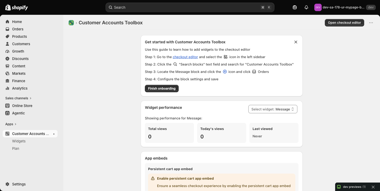 Customer Accounts Toolbox の管理画面。チェックアウトエディタでウィジェットを追加する 4 ステップの案内と表示回数