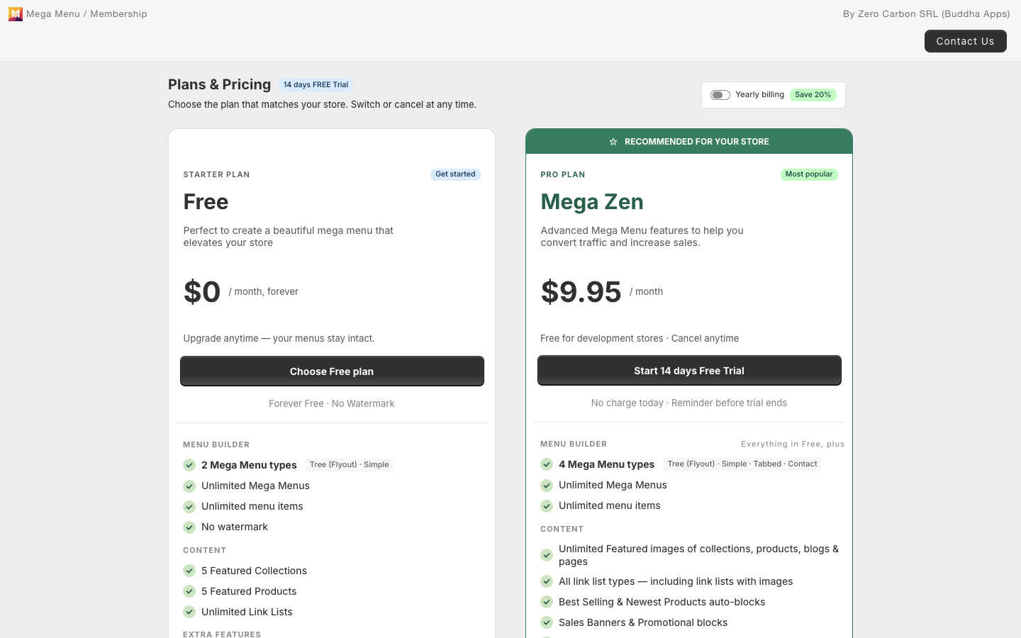 Buddha Mega Menu の初回画面。Shopify 管理画面の外で開き、STARTER PLAN と PRO PLAN の選択が最初に出る