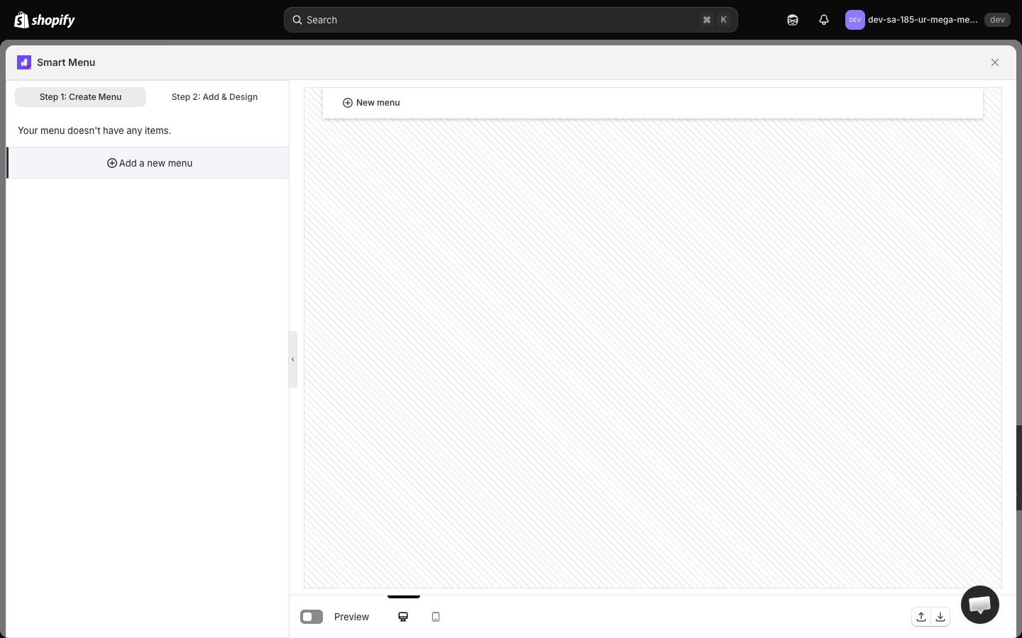 Qikify のビルダー。Step 1: Create Menu と Step 2: Add & Design の 2 段階で、右側にストアのプレビューが出ている