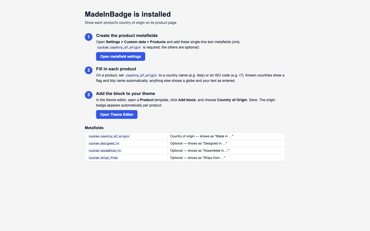 MadeInBadge の外部サイトにあるセットアップページ。メタフィールドの作り方が英語で説明されている