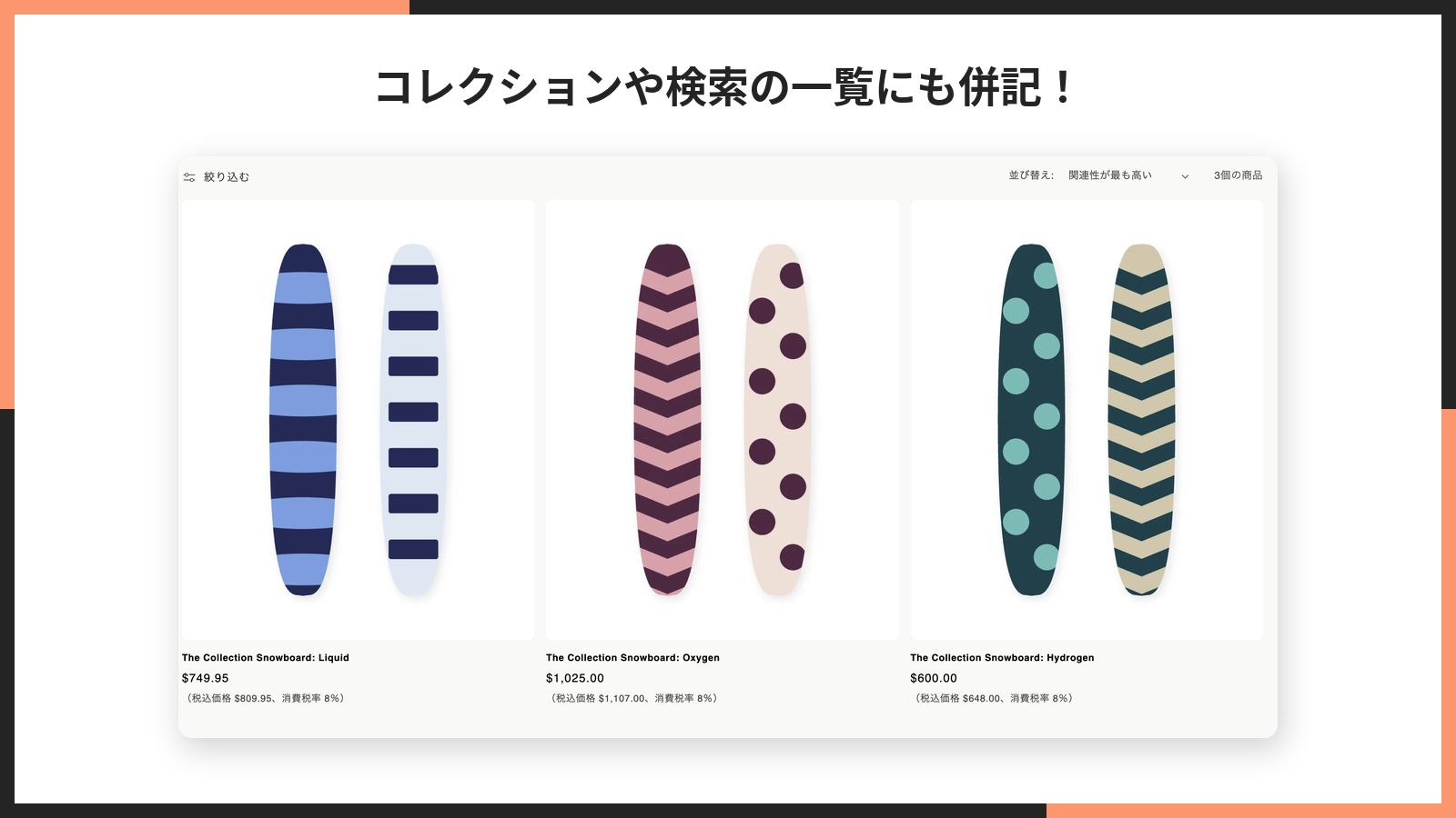 コレクション一覧に並ぶ三つの商品カードそれぞれに併記が出ている、日本語の掲載画像