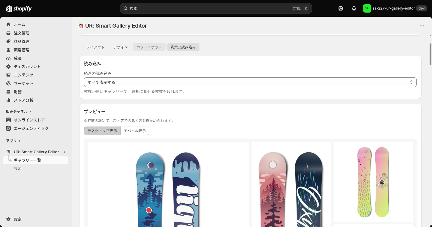 表示と読み込みタブ。続きの読み込みと、その下のプレビュー