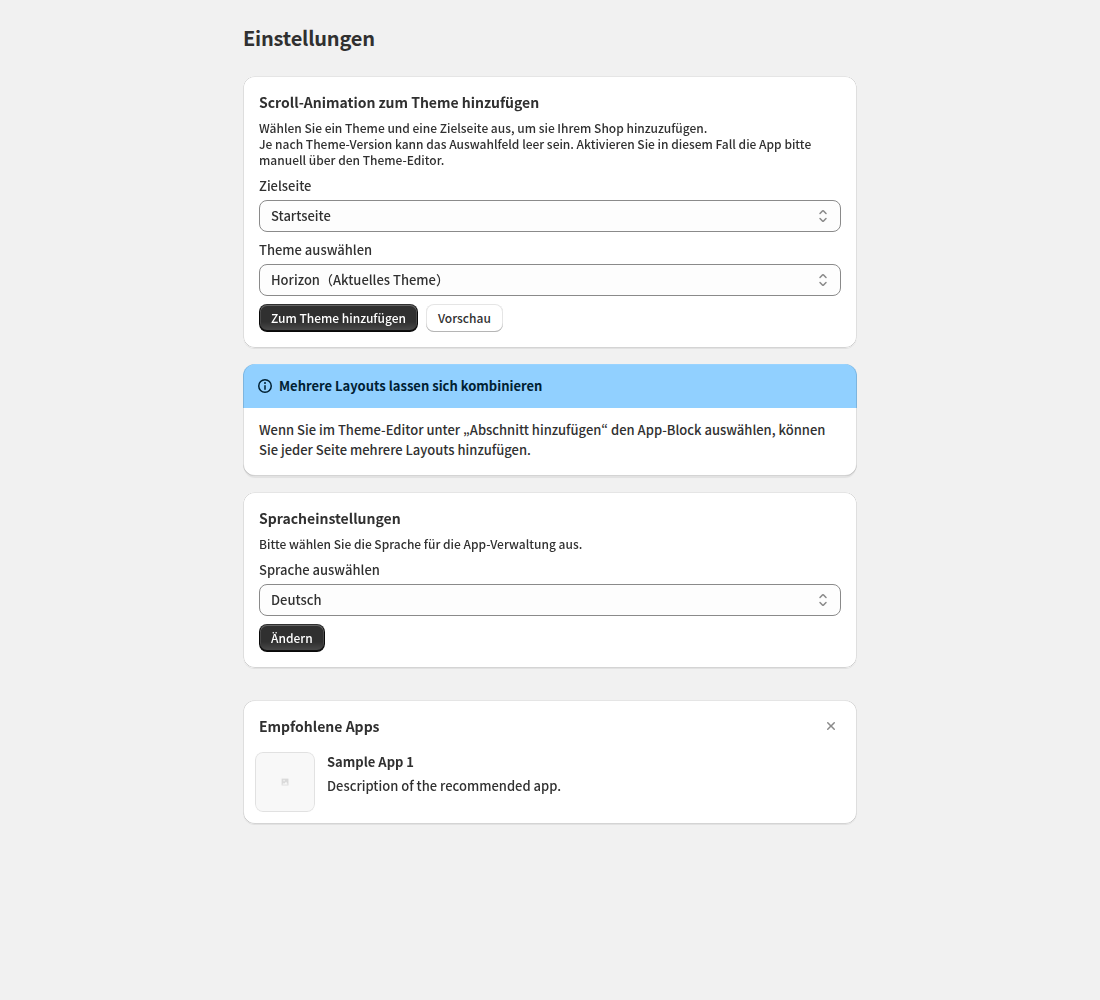 アプリ管理画面をドイツ語表示に切り替えた状態。Einstellungen の見出しとテーマ追加のカード