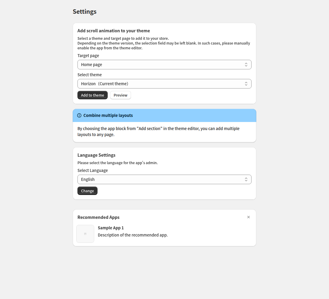 アプリ管理画面を英語表示に切り替えた状態。Settings の見出しと Add scroll animation to your theme のカード