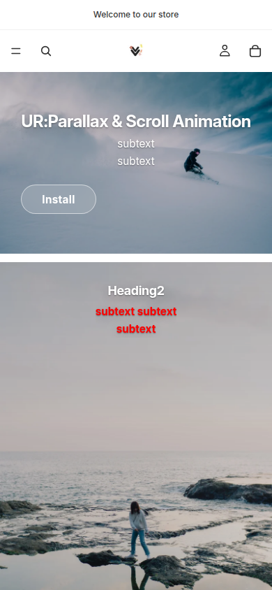 スマートフォンでストアを開いたときのブロック。写真の上に見出し、サブテキスト、ボタンが重なっている