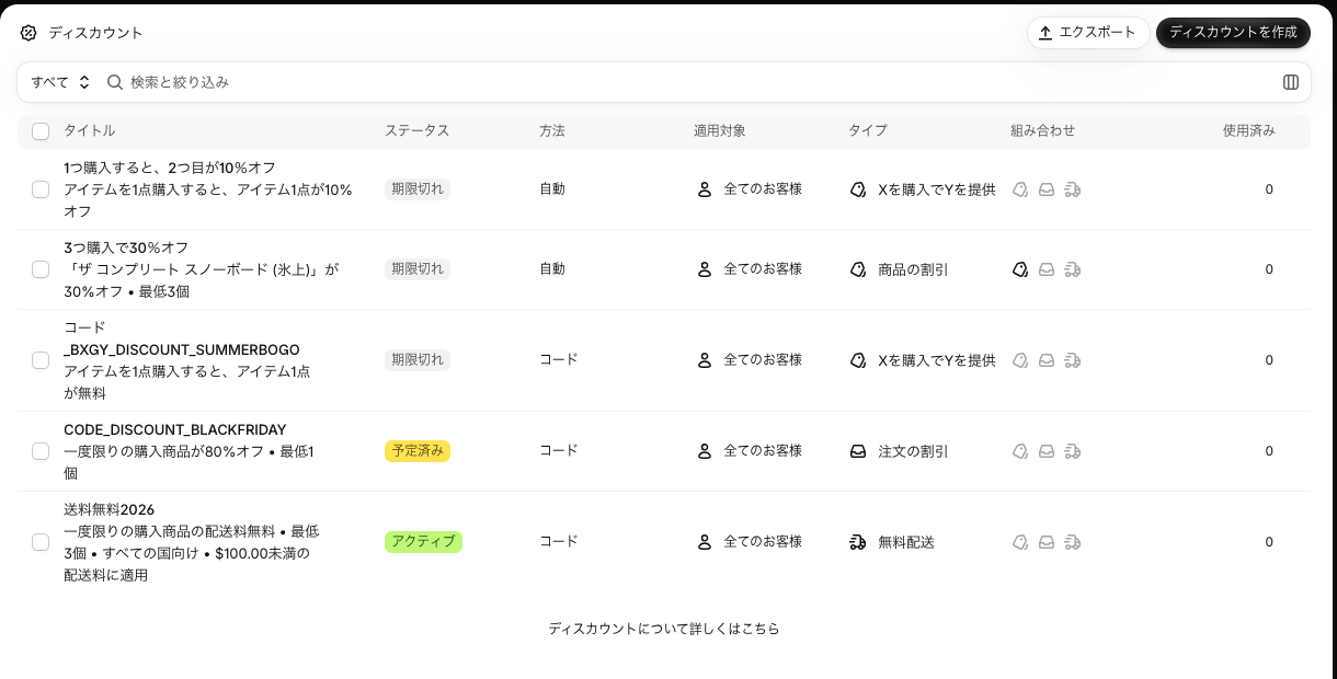 Shopify 管理画面のディスカウント一覧。コード割引と自動割引が、ステータス・方法・適用対象とともに並んでいる