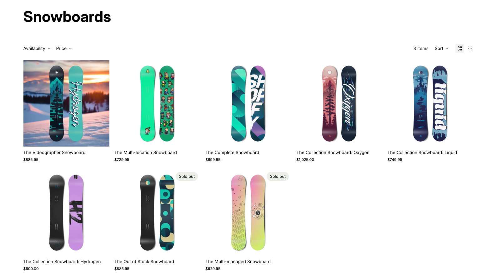 コレクションページの表示例。Sold out の付いた 2 本のスノーボードが一覧の最後の段に並んでいる