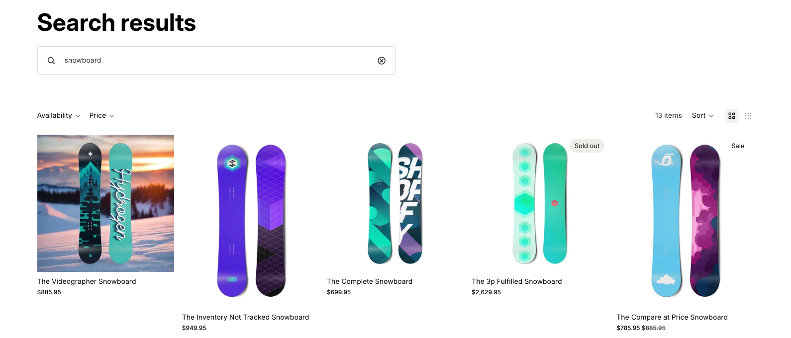 ストア内検索で snowboard を検索した結果。Sold out の商品が 4 番目にある