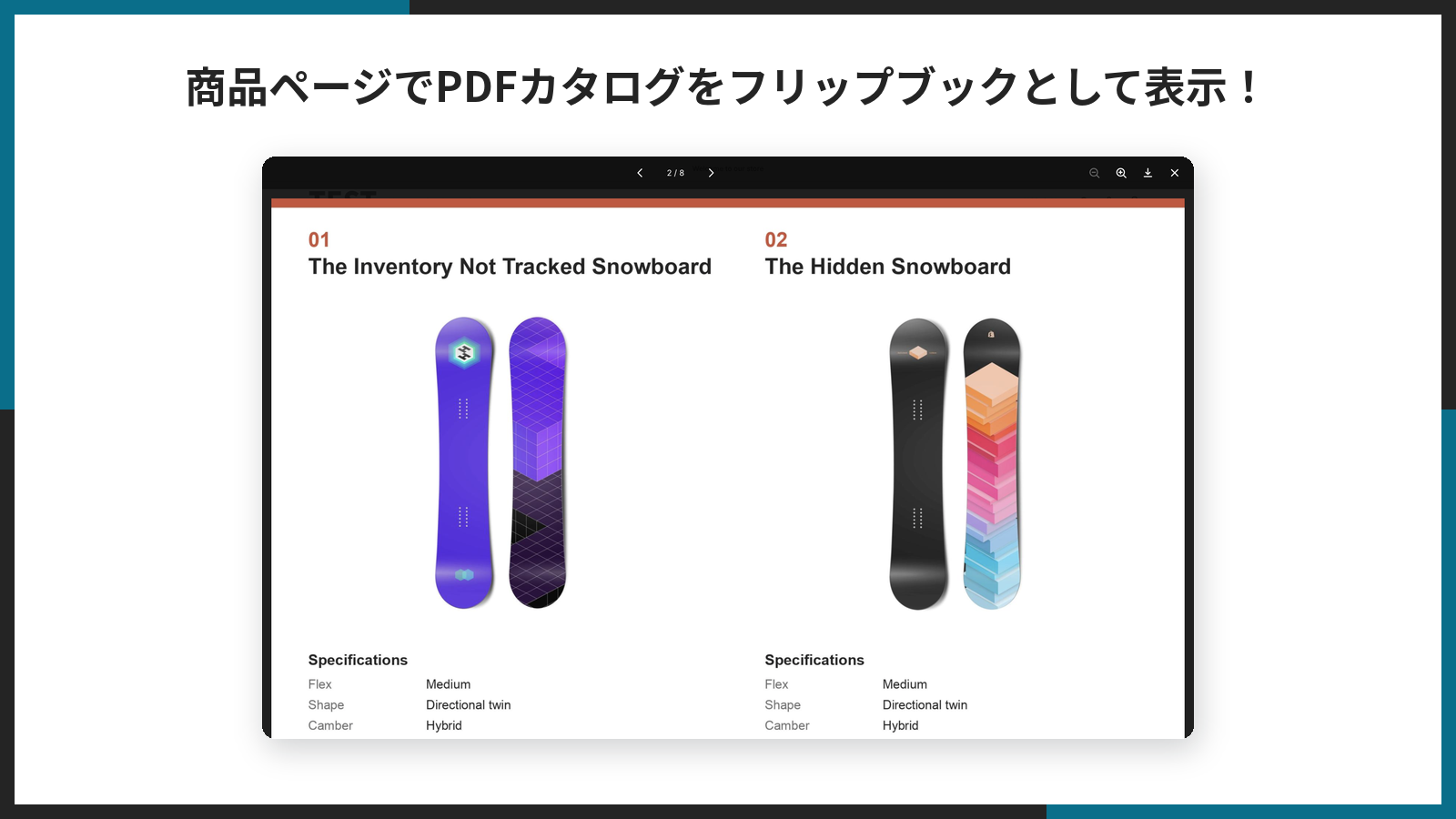 PC の商品ページでボタンを押し、スノーボードカタログが見開きのフリップブックとして開いている
